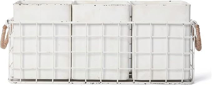 NIKKY HOME Farmhouse 3 Compartment Flatware Cutlery Caddy Countertop Silverware Holder for Spoons, Knives, Forks - White