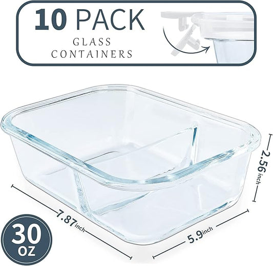 10 Packs 30oz Glass Meal Prep Containers 2 Compartments,Glass Food Storage Containers with Lids,Airtight Lunch Bento Boxes,Oven,Freezer and Dishwasher Safe, White