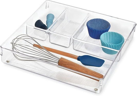 iDesign Linus Kitchen Drawer Organizer for Silverware, Spatulas, Gadgets - 12" x 12" x 2", Clear