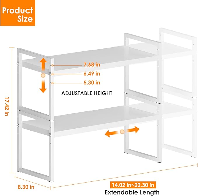 DOLALIKE Expandable kitchen Countertop Organizer, Stackable Cabinet Shelf Organizers, Space Saving Spice Rack Pantry Storage for Bathroom Office Organization (White, 2-Tier)