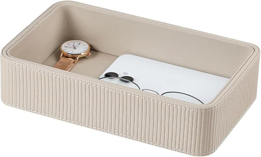 PU Leather Valet Tray Organizer, Small Nightstand Organizer Bedside Desktop Storage for Womens and Men, Perfume Trinket Catchall Vanity Tray for Key Watch Wallet (Beige, Rectangular)
