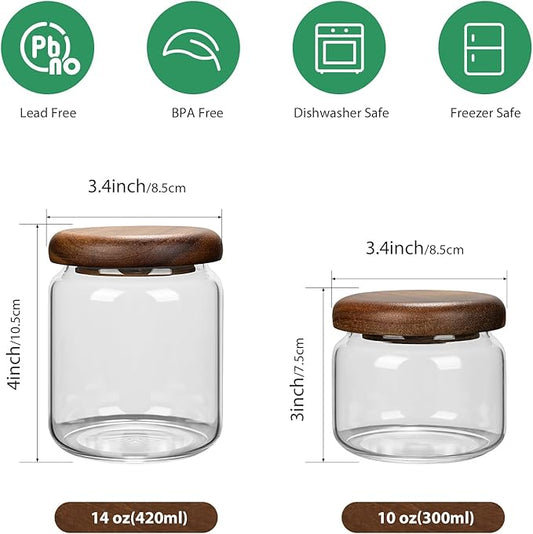 1 PC Small Glass Storage Jars with Airtight Lids, 10 fl oz (300ml) coffee container with Wooden Lid, Glass Pantry Canister for Beans, Rice, Sugar and etc