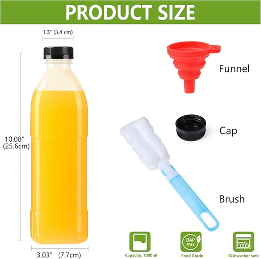 6 Pack 32 oz PP Heat-Resistant Plastic Juice Bottles With Caps-Plastic Smoothie Bottles-Reusable Bulk Beverage Containers with Lids For Juicing, Milk(Dishwasher Safe)