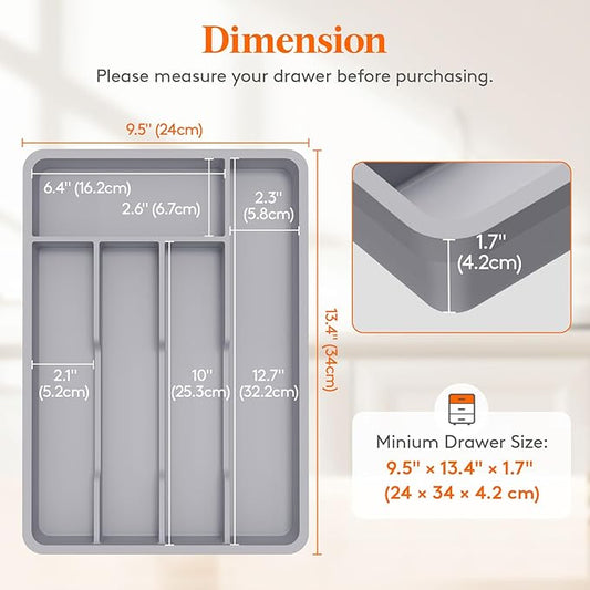 Lifewit Silverware Tray, Deep Wide Cutlery Drawer Organizer Storage for Kitchen, Plastic Flatware Utensil Holder Divider for Spoons Forks Knives Tableware, 5 Compartment, Gray