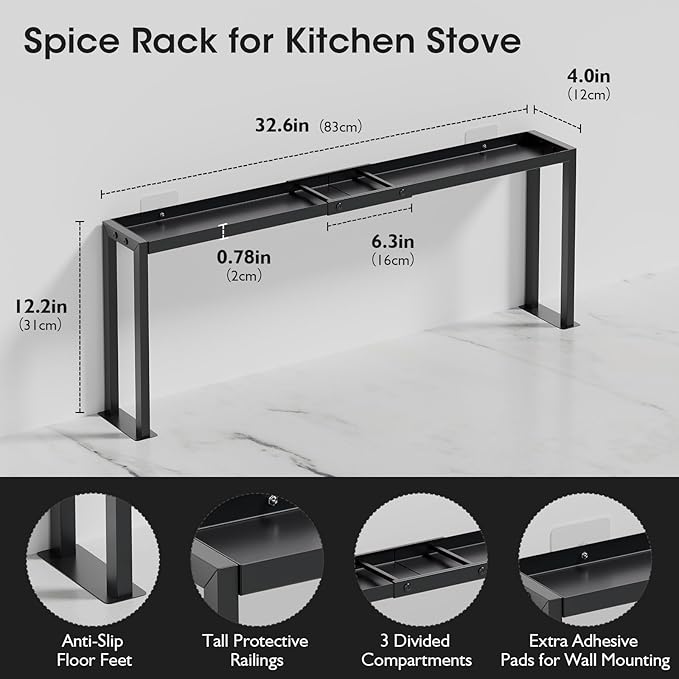 Bumusty Spice Rack Shelf for Kitchen Stove, 32" Stove Top Shelf, Stove Shelf for Back of Stove, Over the Stove Shelf, Kitchen Organizers, Oven Shelf for Top of Stove, Matte Black