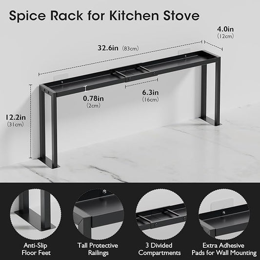 Bumusty Spice Rack Shelf for Kitchen Stove, 32" Stove Top Shelf, Stove Shelf for Back of Stove, Over the Stove Shelf, Kitchen Organizers, Oven Shelf for Top of Stove, Matte Black