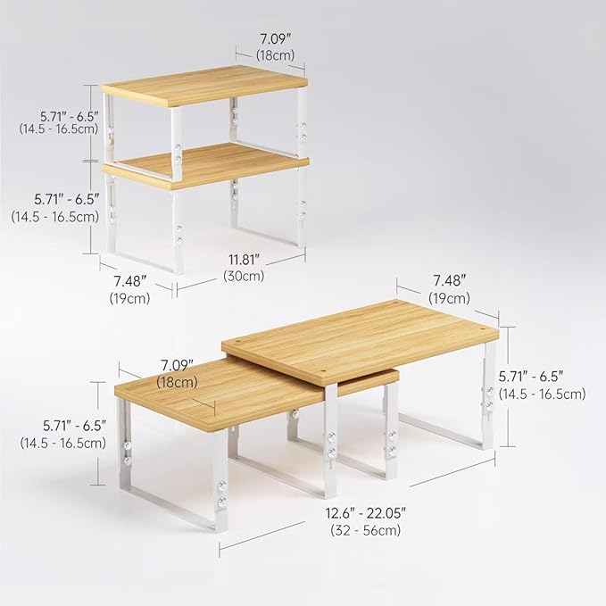 Cabinet Organizer Shelf, Spice Rack, Adjustable height, Stackable and Nesting Shelves,Metal and solid wood, For multiple scenarios in the kitchen, office or closet (White)