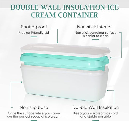 Nuenen 4 Pcs Reusable Ice Cream Containers with Lids and a Scoop 1.5 Quarts Plastic Rectangle Dessert Storage Tubs Homemade Ice Cream Storage Containers for Freezer Kitchen Refrigerator (Cute Colors)