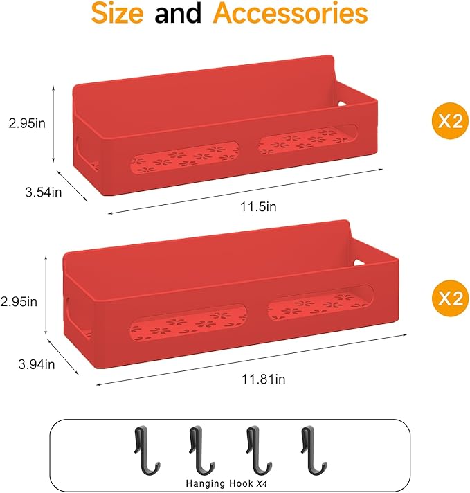 4 Pack Magnetic Spice Rack for Refrigerator, Spice Rack Organizer, Moveable Magnetic Shelf Fridge Organizer with 4 Hooks for Kitchen and Oven Organization,Red
