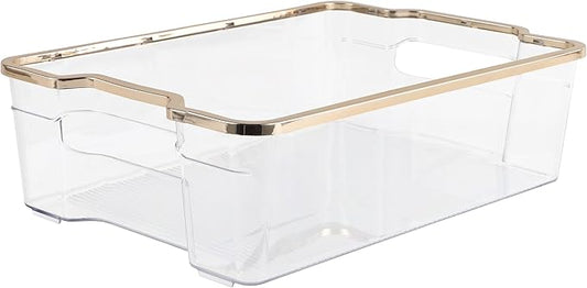 SIMPLEMADE Clear Refrigerator Organizer Bins - Clear Bins for Fridge, Containers for Fridge and Freezer, Multipurpose Storage for Kitchen, Office, Bathroom, Gold Rim (8" x 12")