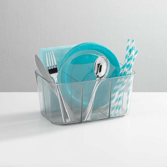 mDesign Plastic Cutlery Storage Organizer Caddy Bin Tote with Handle - Kitchen Cabinet Divided Pantry Basket for Forks, Knives, Spoons, Napkins, Indoor/Outdoor Use, Lumiere Collection, 2 Pack - Clear