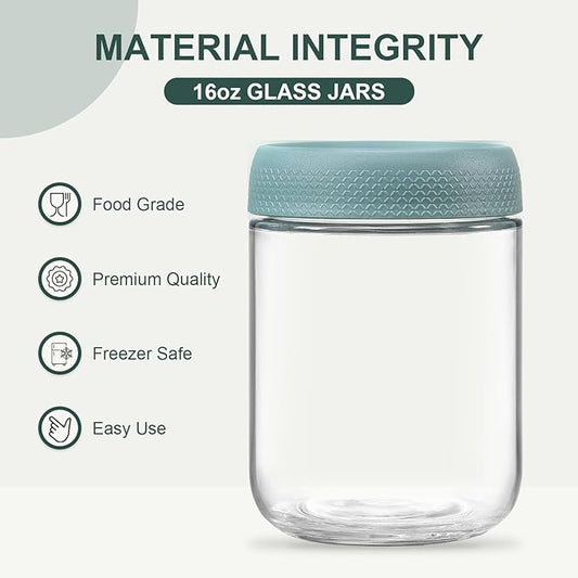 NETANY 6-pack 16oz Glass jars with Airtight Lids, Overnight Oats Containers with Lids, Wide mouth Mason Salad jars, Glass Food Storage Containers for Snacks Yogurt Spice Sugar - Green