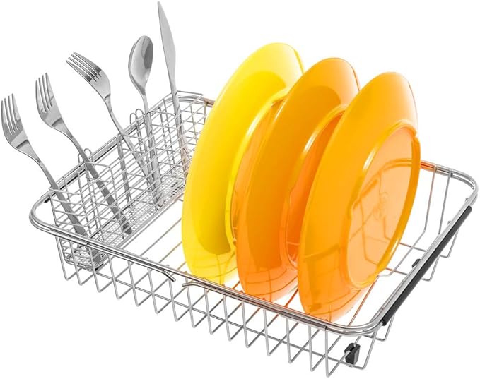 SANNO Utensil Silverware Holder Organizer Hanging Cutlery Organizer Spoon Drying Rack Basket Holder, 4 Divided Compartments Silverware Organizer, Stainless Steel