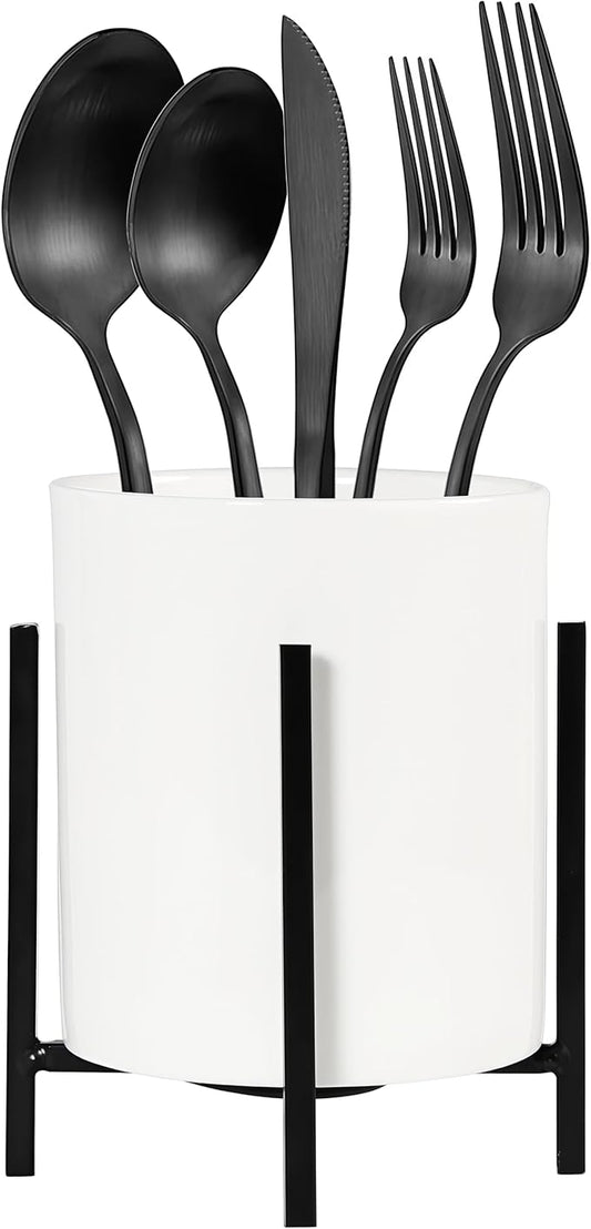 Spoon Holder for Coffee Bar, Kitchen Spoon and Fork Holder, Black Silverware Holder, Cutlery Holder Robust Silverware Caddy, White Ceramic Cup with Black Metal Frame, 1 Pcs