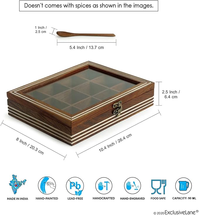 ExclusiveLane Wooden Indian Spice Box With Spoon (12 Compartments, 90 ML Each) - Masala Dabba Wooden Masala Box Namak Daani Sheesham Wood Spices Organizer Container Spice Boxes For Kitchen