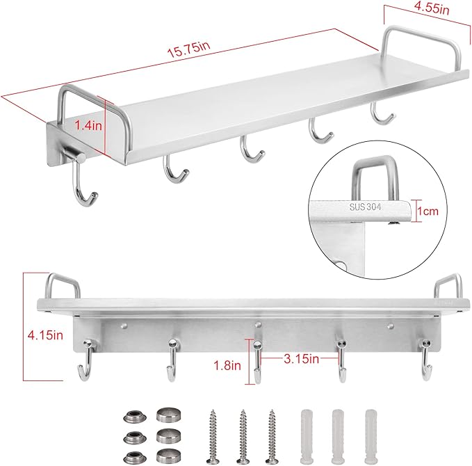 Kitchen Utensil Rack, Spice Rack with Hooks Wall Mount, Over the Stove Shelf, Stainless Steel, Hanging Storage Wall Shelf for Spatula Spoon, Seasoning Jar Organizer