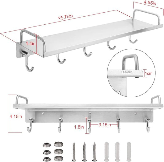 Kitchen Utensil Rack, Spice Rack with Hooks Wall Mount, Over the Stove Shelf, Stainless Steel, Hanging Storage Wall Shelf for Spatula Spoon, Seasoning Jar Organizer