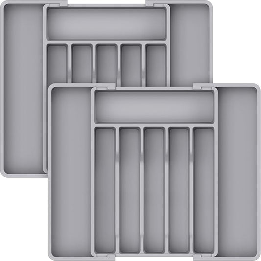 Lifewit Silverware Drawer Organizer, Expandable Utensil Tray for Kitchen, BPA Free Flatware and Cutlery Holder, Adjustable Plastic Storage for Spoons Forks Knives, 2 Pack, Grey