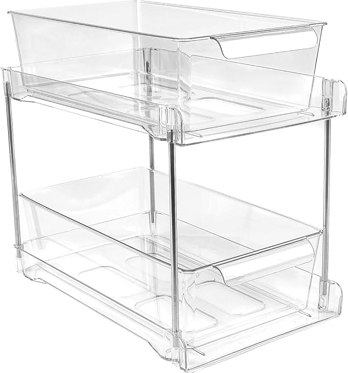 2 Pack 2-Tier Bathroom Under Sink Organizers and Storage - Clear Stackable Containers for Kitchen, Pantry, Vanity, Medicine Cabinet, Makeup, and Counter with Pull-Out Track