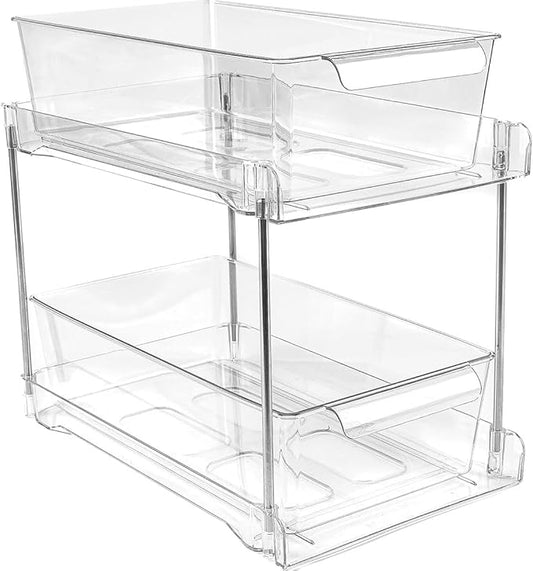 1 Pack 2-Tier Bathroom Under Sink Organizers and Storage - Clear Stackable Containers for Kitchen, Pantry, Vanity, Medicine Cabinet, Makeup, and Counter with Pull-Out Track