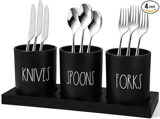 Silverware Caddy, 4 Pieces Kitchen Utensil Holder for Countertop, Black Utensil Holder for Party, Silverware Holder for Party with Wood Tray, Farmhouse Cutlery Holder Storage Organizer