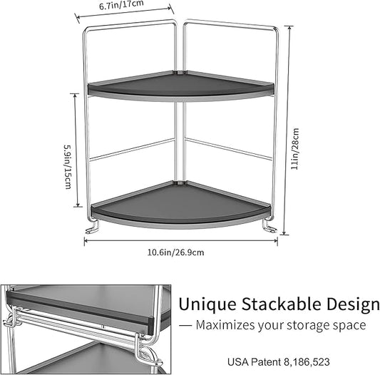 Kitchen Spice Rack Standing Shelf, 2-Tier Corner Storage Shelf, Bathroom Countertop Organizer, Vanity Tray Cosmetic & Makeup Storage, Silver&Black