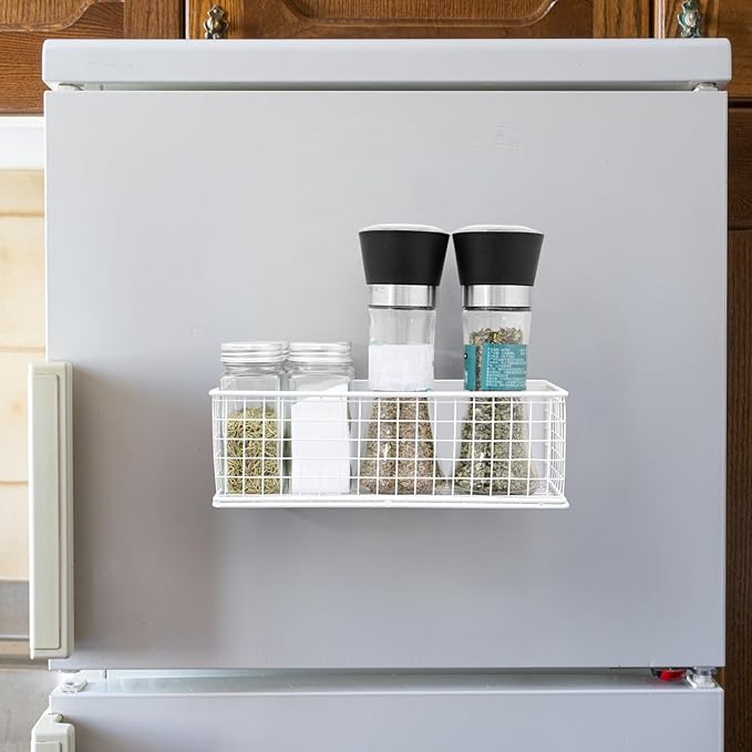 2 Pack Magnetic Basket for Fridge Magnetic Fridge Shelf Versatile Metal Organizer Storage Bin Moveable Strong Magnetic Spice Rack Organizer for Home Kitchen Office Refrigerator Holds