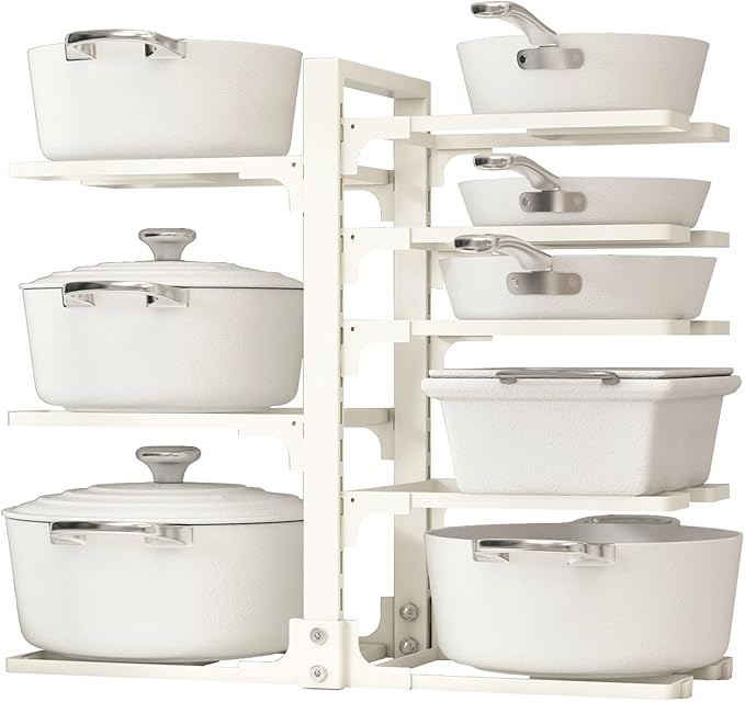 Adjustable Pots and Pans Organizer Under Cabinet, 8-Tier Pot and Pan Organizers Inside Cabinet, Kitchen Cabinet Organizers and Storage, White