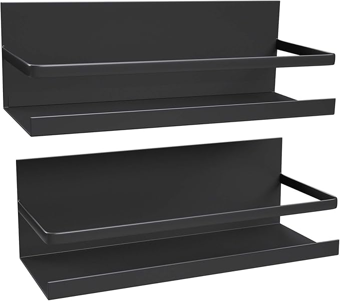 2 Pack Magnetic Spice Rack for Refrigerator,Heave Duty Magnetic Shelf For Kitchen,Magnet Book Shelf For Whiteboard,Space Container,Drill free (Black)