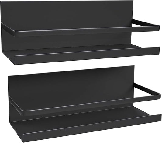 2 Pack Magnetic Spice Rack for Refrigerator,Heave Duty Magnetic Shelf For Kitchen,Magnet Book Shelf For Whiteboard,Space Container,Drill free (Black)