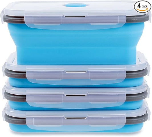 Collapsible Food Storage Containers with Airtight Lid & Vent Valve, 27 oz, Kitchen Stacking Silicone Collapsible Meal Prep Container Set for Leftover, Microwave Freezer Safe, Blue, Set of 4