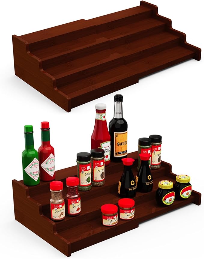 Spice Rack Organizer for Expandable 4-Tier, 2 Pack Adjustable Bamboo Spice Storage for Kitchen Cabinet, Pantry and Countertop Organization, Brown