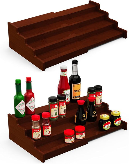 Spice Rack Organizer for Expandable 4-Tier, 2 Pack Adjustable Bamboo Spice Storage for Kitchen Cabinet, Pantry and Countertop Organization, Brown