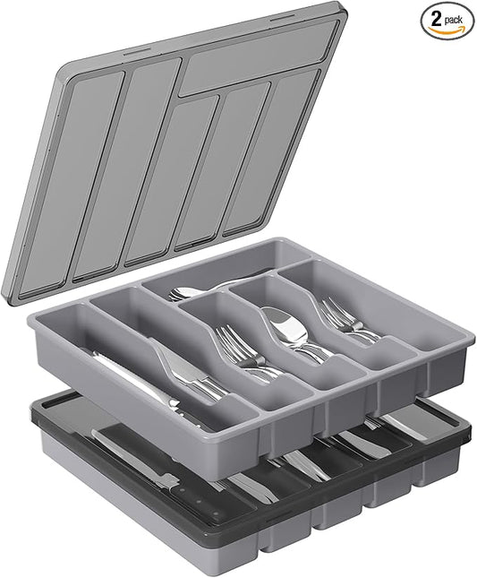 Lifewit Silverware Organizer with Lid, Covered Utensil Tray for Kitchen Drawer and Countertop, Plastic Cutlery and Flatware Storage Box for Spoons Forks Knives Holder, 6 Compartments, 2 Pack, Gray