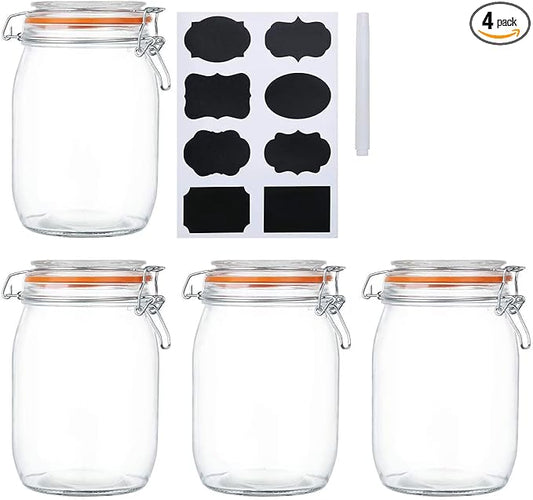 Encheng 32 oz Wide Mouth Mason Jars With Airtight Hinged Lids, Leak Proof Rubber Gasket - 1000ml Glass Storage Containers, Set of 4