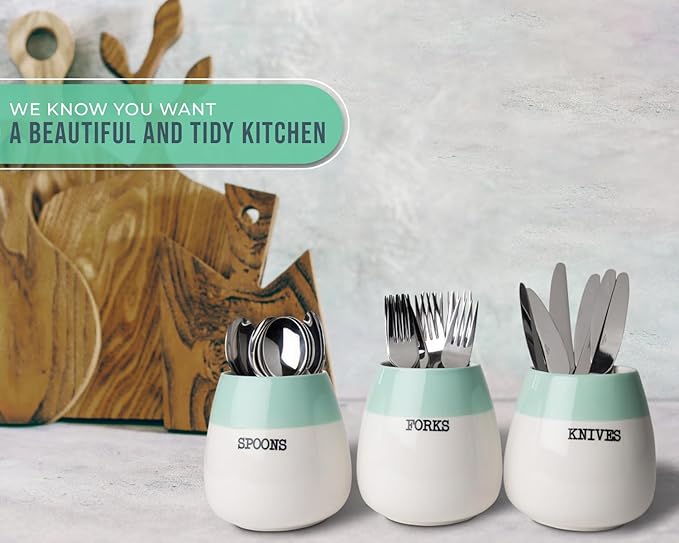Ceramic "Honeypot" Cutlery Holder - Set of 3 - Farmhouse Silverware Caddy for Kitchen Countretop - Decorative Spoon, Fork & Knife Holder for Parties & More - Rustic Caddy Made of Premium Ceramic