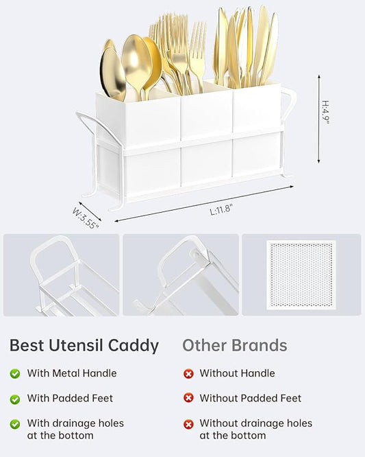 Silverware Caddy for Party - White Utensil Holder for Kitchen Counter, Compact Metal Organizer for Flatware, Cutlery, Spoons, Forks, and Knives, Cute Small Farmhouse Container for Countertop