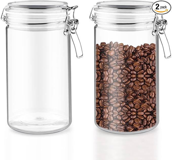 2 Pack 33OZ/1000ml Plastic Storage Containers with Lids Large Plastic Jar with Locking Clamp Acrylic Canisters For Nuts Sugar Coffee Candy Cookie Spices And More