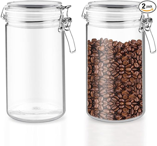 2 Pack 33OZ/1000ml Plastic Storage Containers with Lids Large Plastic Jar with Locking Clamp Acrylic Canisters For Nuts Sugar Coffee Candy Cookie Spices And More