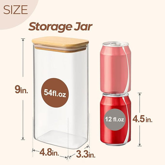 ComSaf 54oz Rectangle Glass Containers with Lids, Glass Jars with Bamboo Lids, Clear Food Storage Jar, Sugar Coffee Containers, Pantry Storage for Pasta Rice Flour Oats Nuts Tea