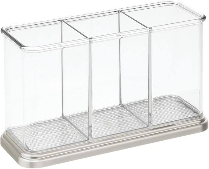 mDesign Plastic Cutlery Utensil Holder Storage Organizer Caddy for Kitchen Countertop Organization - Holds Fork, Knife, Spoon, Silverware - 3 Divided Sections - Hyde Collection - Clear/Brushed