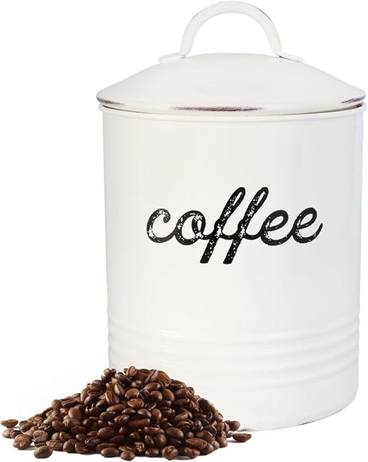 AuldHome Design Enamelware White Coffee Canister; Rustic Distressed Style Tea Storage for Kitchen