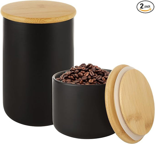 Acrux7 2 Pack Black Ceramic Jars Canisters Set 16oz and 32oz Airtight Coffee Container with Bamboo Sealing Lids, Airtight Kitchen Canisters for Countertop, Coffee, Flour, Sugar, Tea