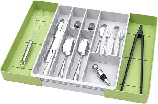 Fu Store Silverware Drawer Organizer DIY Customize Expandable Utensil Tray for Kitchen Upgraded Flatware Cutlery Holders Adjustable Plastic Tableware Storage for Spatula Spoons Forks Knives (Green)
