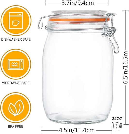 Encheng Glass Jars 32oz,Airtight Glass Food Storage Jar with Clamp Lid,1000ml Rounded Airtight Canister with Leak Proof Rubber Gasket,Clear Glass Kitchen Jars for Dry Food,Cereal,Beans,6 Pack