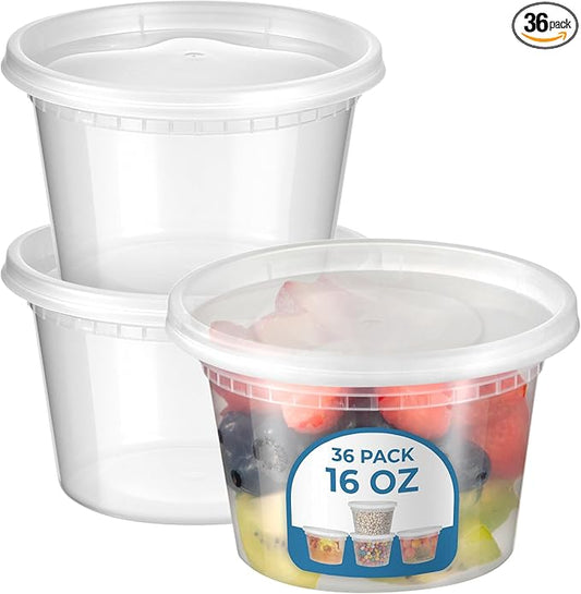 Fit Meal Prep 36 Pack 16 oz Deli Containers with Lids, US Made Airtight Leakproof Plastic Soup Container, Round Clear Pint Food Storage Containers for Takeout Restaurant, Microwave Freezer Safe