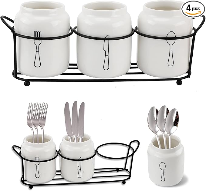 4 Piece Silverware Holder for Organizer Countertop White Ceramic Silverware Caddy with Black Metal Rack, Fork Spoon Utensil Holder Flatware Organizers Cutlery Storage for Kitchen Tabletop Cabinet