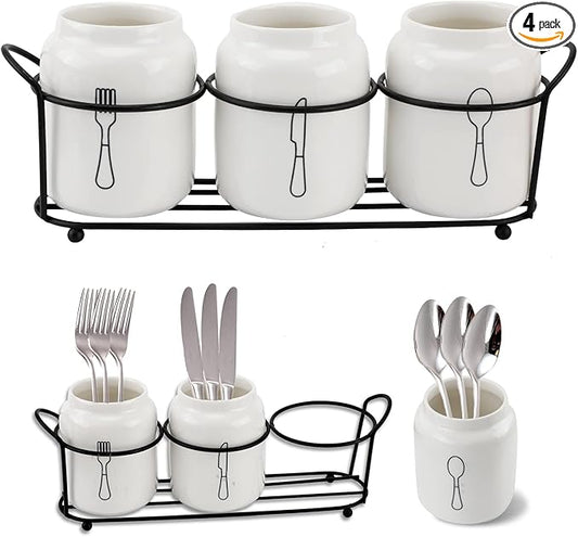 4 Piece Silverware Holder for Organizer Countertop White Ceramic Silverware Caddy with Black Metal Rack, Fork Spoon Utensil Holder Flatware Organizers Cutlery Storage for Kitchen Tabletop Cabinet