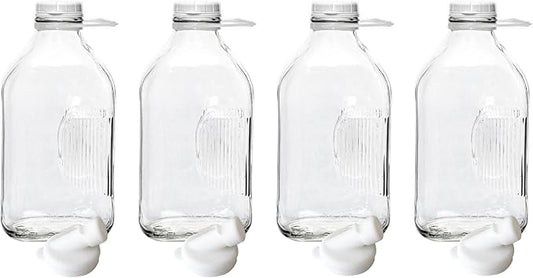 The Dairy Shoppe Heavy Glass Milk Bottles - Jugs with Lids, Silicone Pour Spouts - Clear Milk Containers for Fridge - Reusable Glass Milk Jug Dispenser - Made in USA (64 oz, 4 Pack)