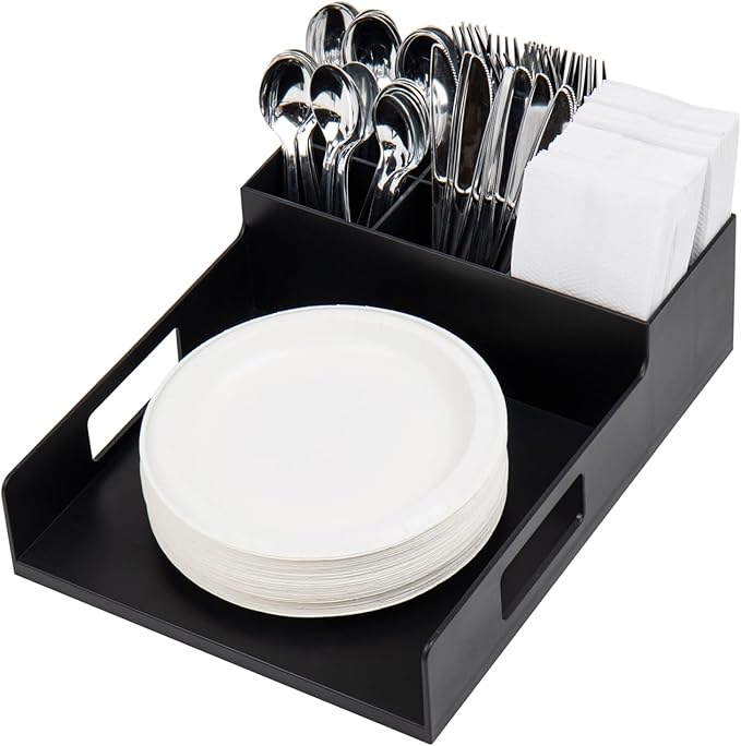 Mind Reader Utensil Napkin & Plate Holder, Silverware Organizer, Serving Tray, Plastic, 11.25" L x 15.25" W x 4.5" H, Black